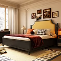Double Bed with Yellow Upholstered Headboard Black Frame Red Blanket Pillows Nightstand Table Lamp Wall Art