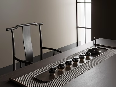 Minimalist Tea Set on Dark Wooden Table with Woven Tray Teacups Teapot and Natural Light 3d model