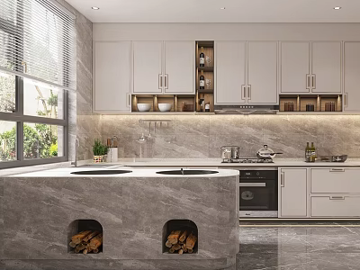 Modern Kitchen Interior With White Cabinets Marble Island Countertop Built-in Oven And Natural Light 3d model