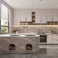 Modern Kitchen Interior With White Cabinets Marble Island Countertop Built-in Oven And Natural Light