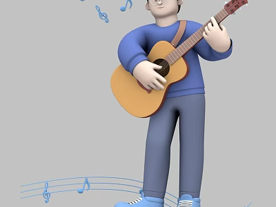 Man In Blue Outfit Enjoying Playing Acoustic Guitar With Floating Musical Notes 3d model