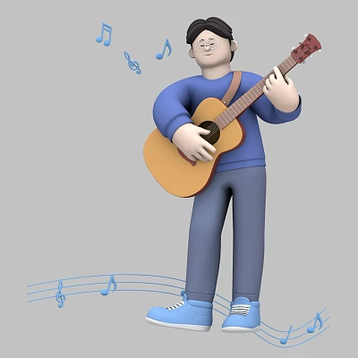 Man In Blue Outfit Enjoying Playing Acoustic Guitar With Floating Musical Notes 3d model