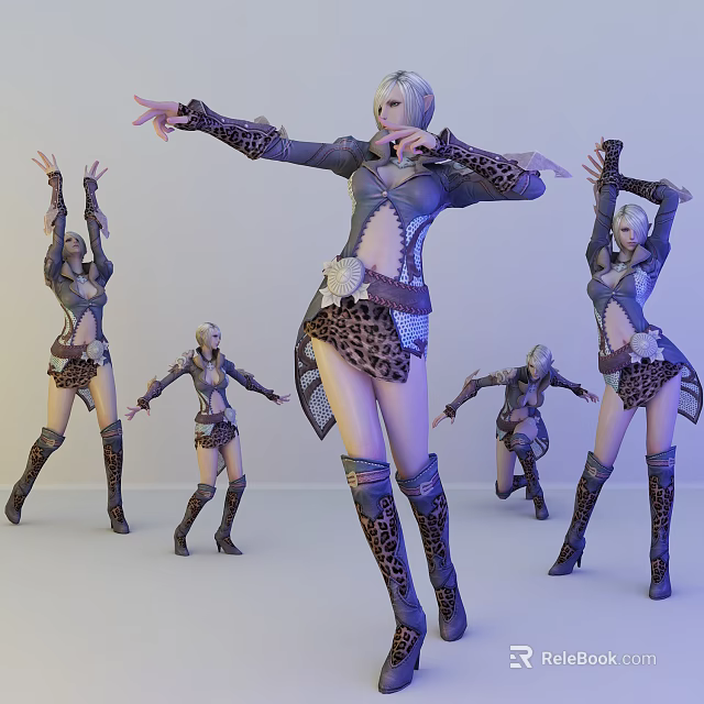 Woman in Leopard Skirt and Long Boots with Multiple Dynamic Dance Poses 3d model 