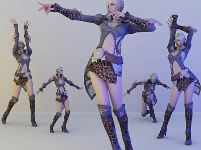 Woman in Leopard Skirt and Long Boots with Multiple Dynamic Dance Poses 3d model