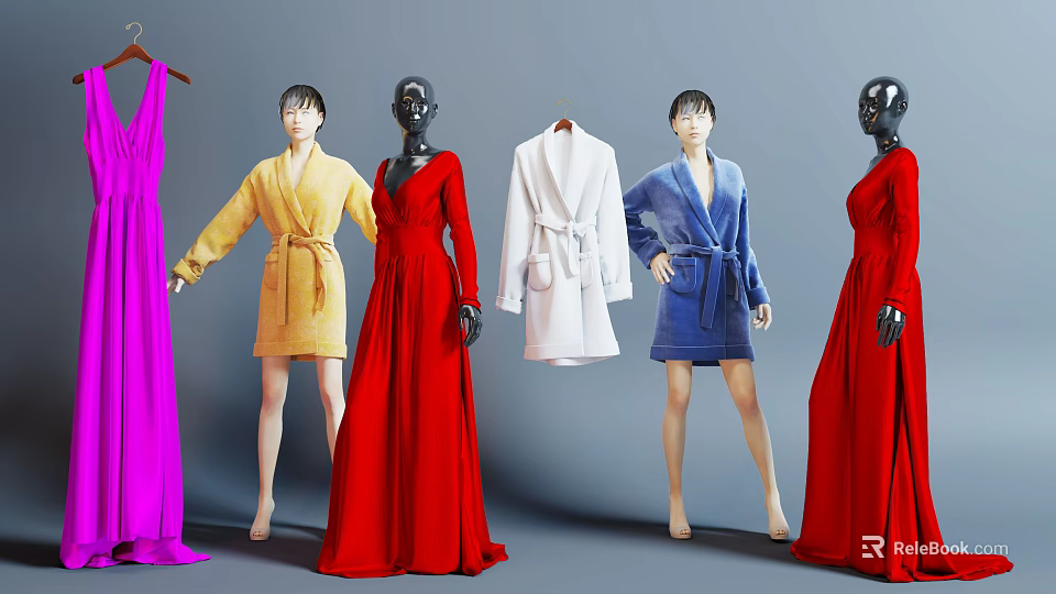 Colorful Clothes Displayed on Mannequins Including Yellow Red White Blue Robes and Long Dresses 3d model 