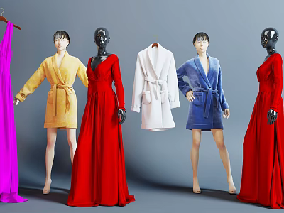 Colorful Clothes Displayed on Mannequins Including Yellow Red White Blue Robes and Long Dresses 3d model