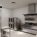 Commercial Kitchen Setup With Stainless Steel Stove Range Hood And Storage Racks