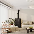 Cozy Neutral Living Room Interior With Plush Curved Sofa Vintage Stove And Lush Indoor Plants