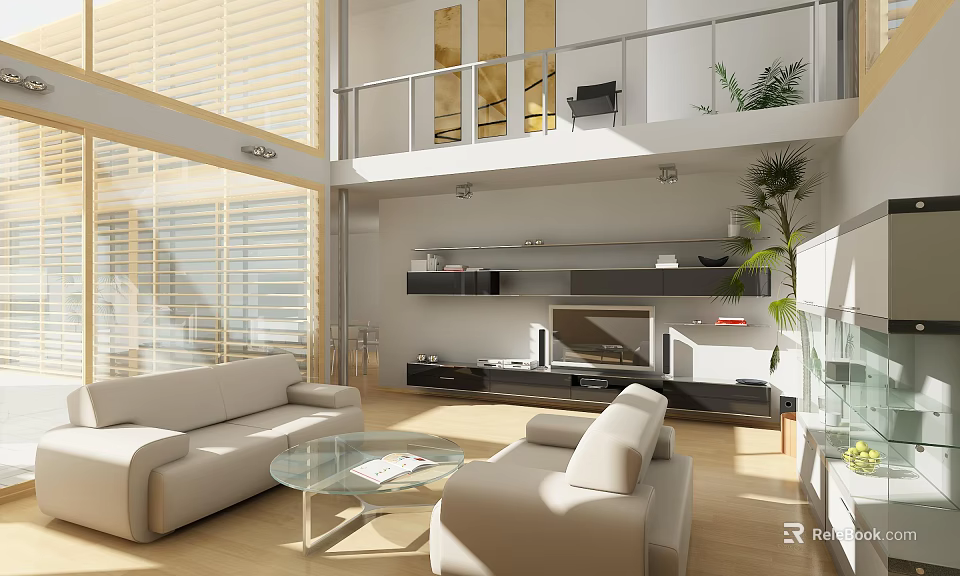 Modern Duplex Living Room Interior Design With Sofa Glass Coffee Table Plants And Upper Level 3d model 