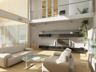 Modern Duplex Living Room Interior Design With Sofa Glass Coffee Table Plants And Upper Level 3d model