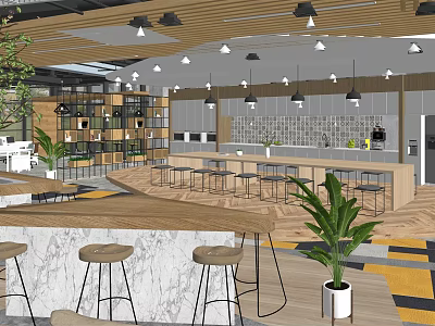Public Office Space Open Layout With Wooden Ceiling Pendant Lights Green Plants And Bar Counter 3d model