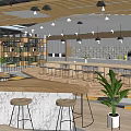 Public Office Space Open Layout With Wooden Ceiling Pendant Lights Green Plants And Bar Counter