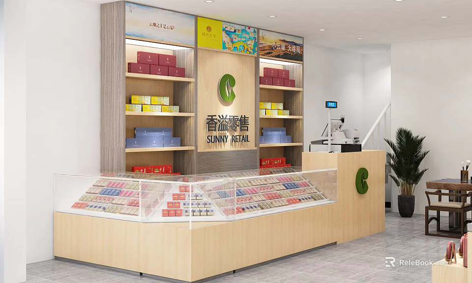 Modern Tobacco and Liquor Store Interior Featuring Shelves of Products and Glass Display Counter 3d model 
