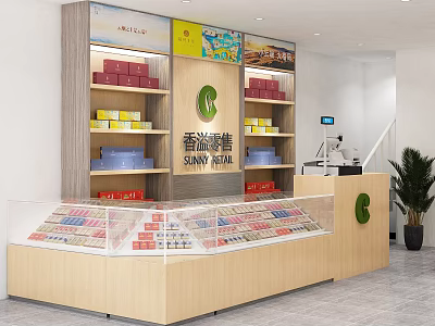 Modern Tobacco and Liquor Store Interior Featuring Shelves of Products and Glass Display Counter 3d model