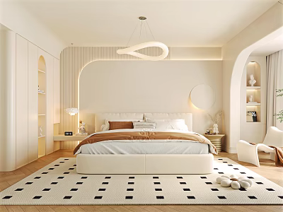 Modern Bedroom Interior with Arch Design Round Mirror Cozy Bed and Black White Dot Rug 3d model