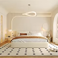 Modern Bedroom Interior with Arch Design Round Mirror Cozy Bed and Black White Dot Rug