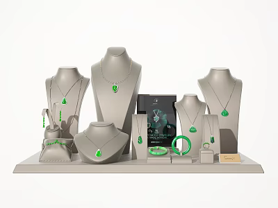 Elegant Green Emerald Jewelry Display With Pendants Bracelets And Rings On Gray Mannequin Stand 3d model