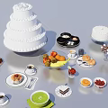 Assorted Foods Display With Layered Cake Pizza Fruit Platter And Pastries