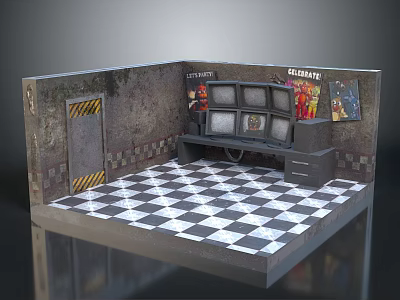 Vintage TV Cabinet With Multiple TVs Posters And Checkered Floor In Retro Room 3d model