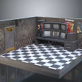 Vintage TV Cabinet With Multiple TVs Posters And Checkered Floor In Retro Room