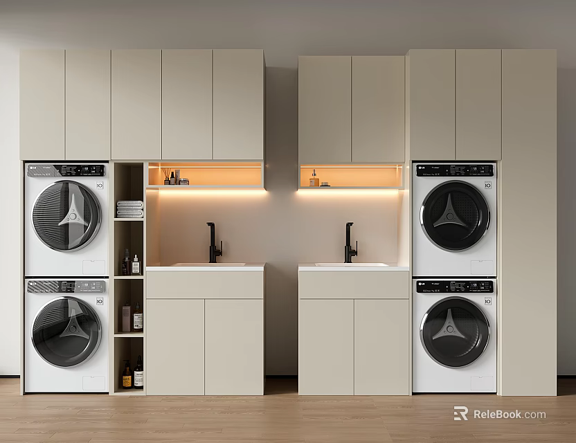 Modern Balcony Cabinet Design With Washing Machine Dryer Countertop Faucet And Lighting 3d model 