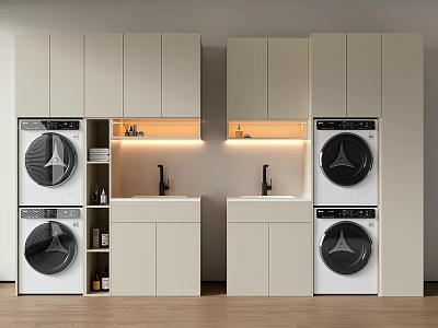 Modern Balcony Cabinet Design With Washing Machine Dryer Countertop Faucet And Lighting 3d model
