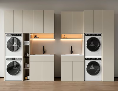 Modern Balcony Cabinet Design With Washing Machine Dryer Countertop Faucet And Lighting 3d model