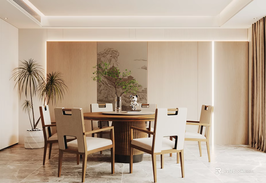 Modern Private Dining Room With Round Table Chairs And Plants 3d model