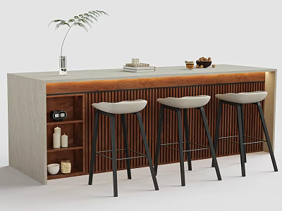 Modern Bar Counter With Light Top Books Berries And Three White Padded Stools 3d model