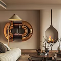 Modern Living Room Interior Design With Beige Sofa Hanging Fireplace And Round Decorative Mirror