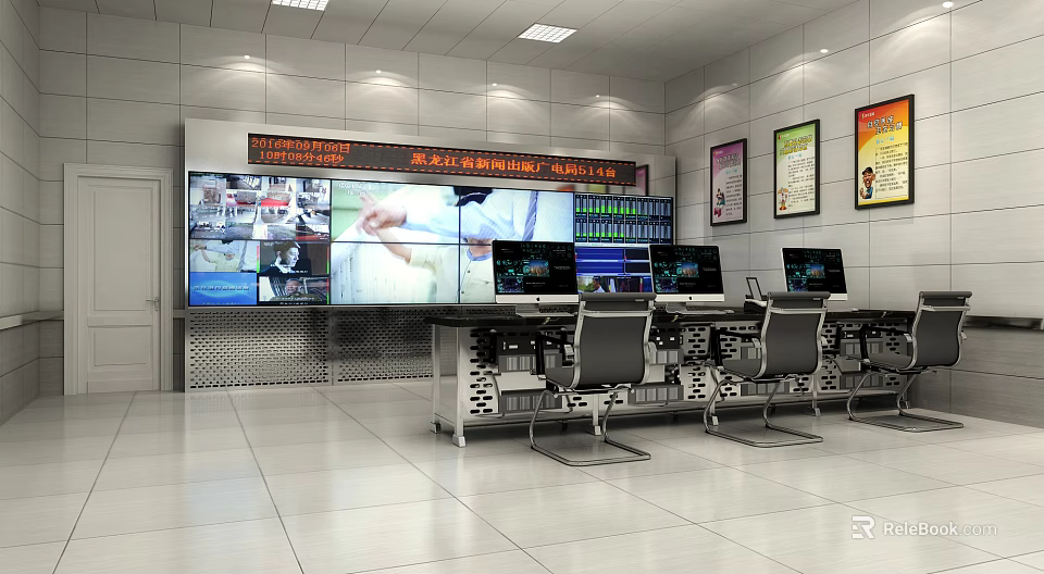 Professional Surveillance Monitoring Room With Multiple Displays Control Desks And Ergonomic Chairs 3d model 