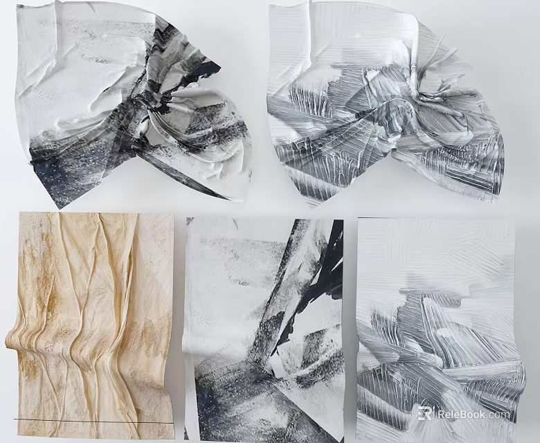 Abstract Textured Artworks With Black White Beige Tones Brush Strokes And Folds 3d model 