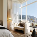 Modern Bedroom Interior With White Bedding Bedside Lamp and Mountain View Window