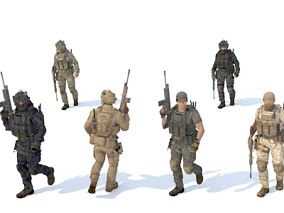 Military Soldiers Characters In Various Uniforms With Weapons Standing And Walking Poses 3d model