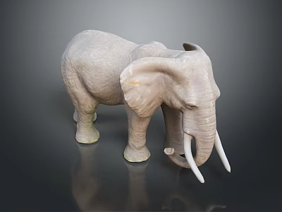 Light Gray Elephant Sculpture Featuring Long Ivory Tusks Standing On Dark Background With Reflection 3d model