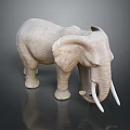 Light Gray Elephant Sculpture Featuring Long Ivory Tusks Standing On Dark Background With Reflection