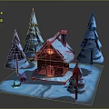 Cartoon Winter Scene With Snow Covered Log Cabin Pine Trees And Warm Light