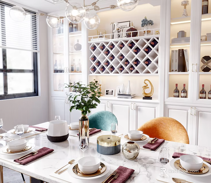 Elegant Restaurant Dining Area With Marble Table Green Orange Chairs White Cabinets And Wine Rack 3d model 