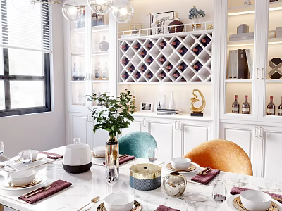 Elegant Restaurant Dining Area With Marble Table Green Orange Chairs White Cabinets And Wine Rack 3d model