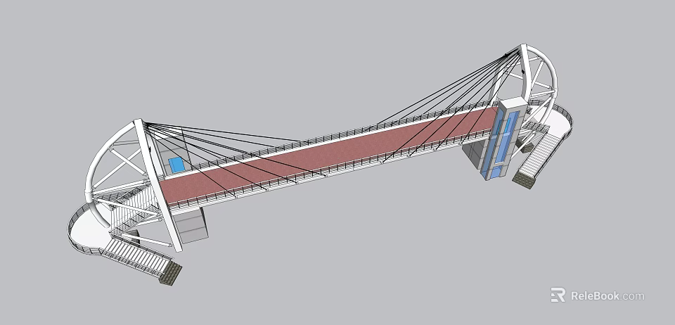 Modern Cable Stayed Bridge With Steel Structure Red Deck And Glass Elements 3d model 