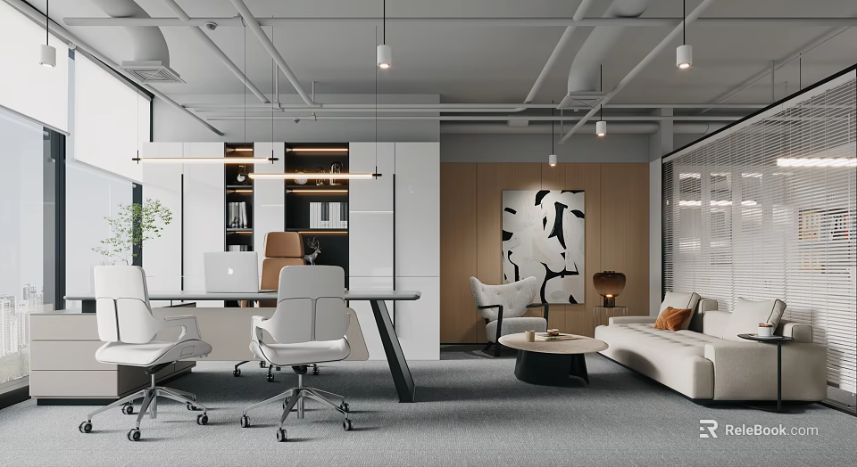 Modern Office Interior Design With Workspace Sofa Seating Decorative Painting And Bookshelf 3d model 