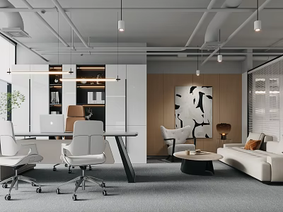 Modern Office Interior Design With Workspace Sofa Seating Decorative Painting And Bookshelf 3d model