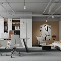 Modern Office Interior Design With Workspace Sofa Seating Decorative Painting And Bookshelf