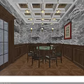 Chinese Style Private Dining Room With Round Table Landscape Painting Walls And Wooden Paneling