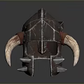 Warrior Fantasy Helmet With Large Curved Horns Metal Body Leather Accents And Spiked Edges