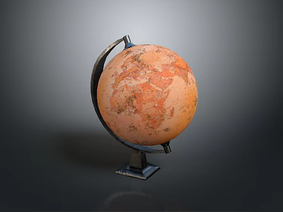 Orange Globe With Detailed World Map On Black Metal Stand Square Base 3d model