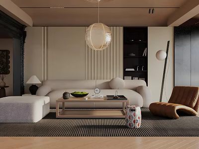 Modern Living Room Interior With Curved Sofa Wooden Coffee Table Pendant Light And Floor Lamp 3d model