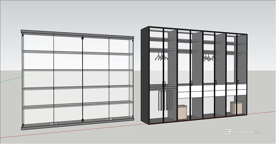 Modern Wardrobe Design With Glass Doors Multiple Shelves And Hanging Rods 3d model 