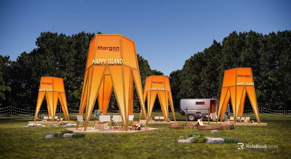 Margon Happy Island Campsite With Orange Tents Trailer And Tables On Grassland Surrounded By Trees 3d model 