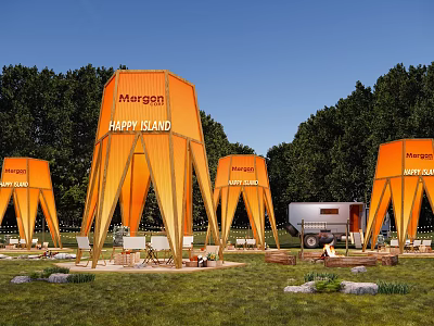 Margon Happy Island Campsite With Orange Tents Trailer And Tables On Grassland Surrounded By Trees 3d model